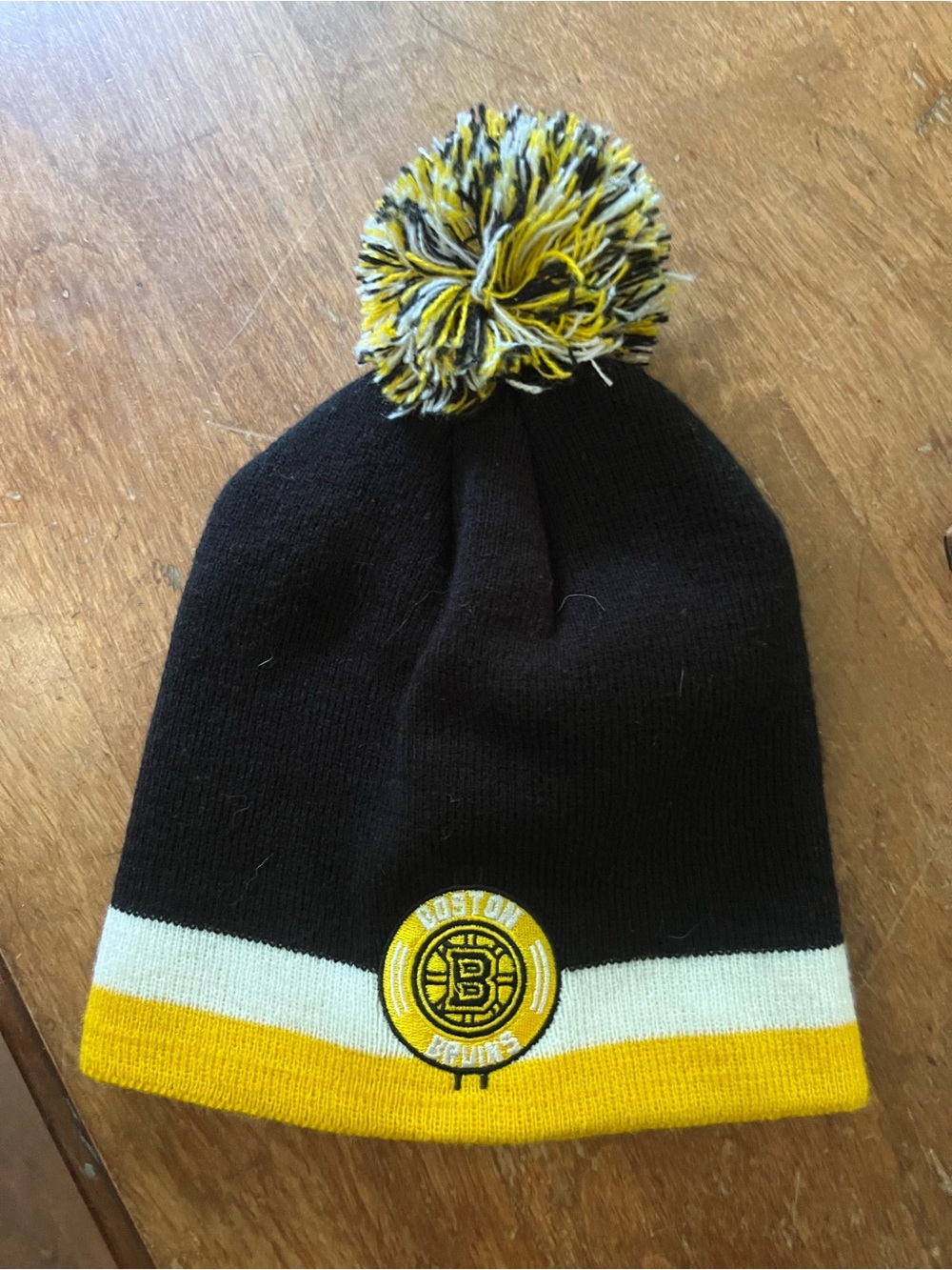 Kids Black Pom Beanie with Yellow and White Stripe